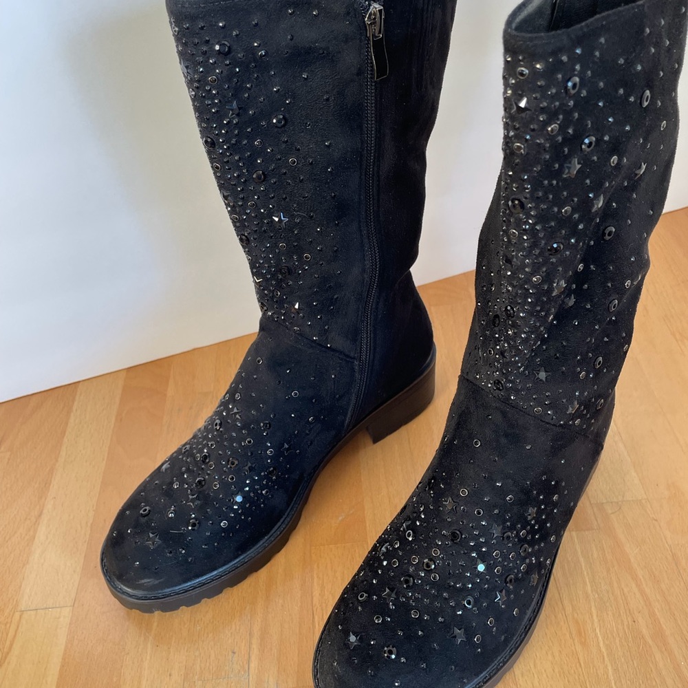 Black suede cloth lug sole crystal boots